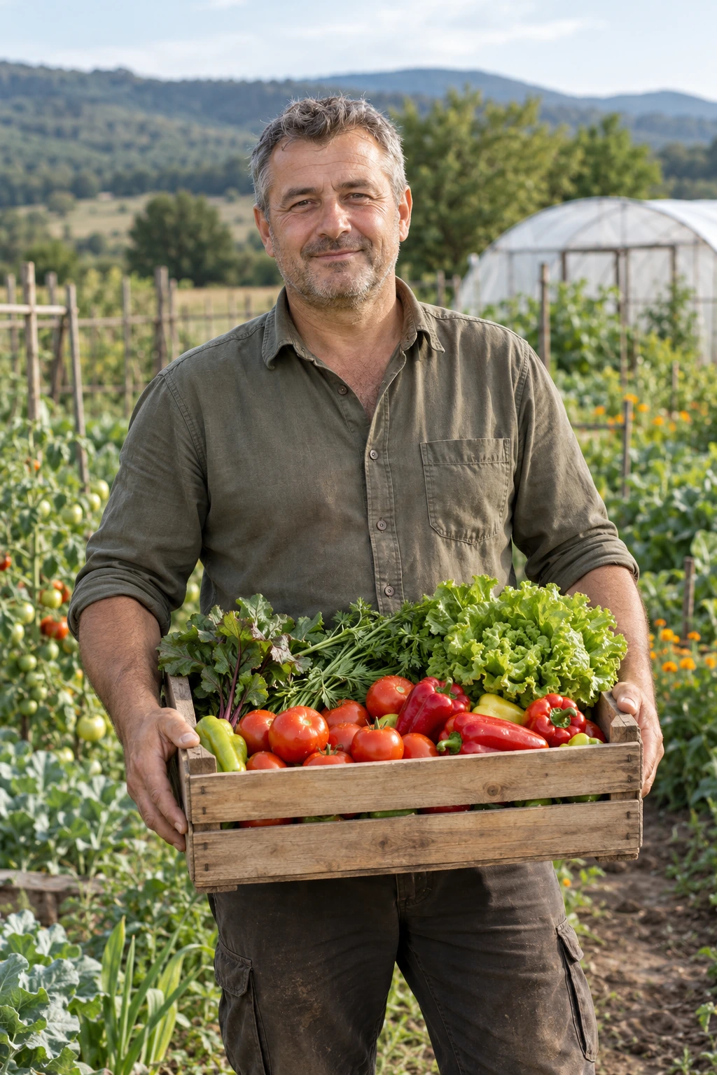 Fermier cu o ladă de legume proaspete — imagine ilustrativă